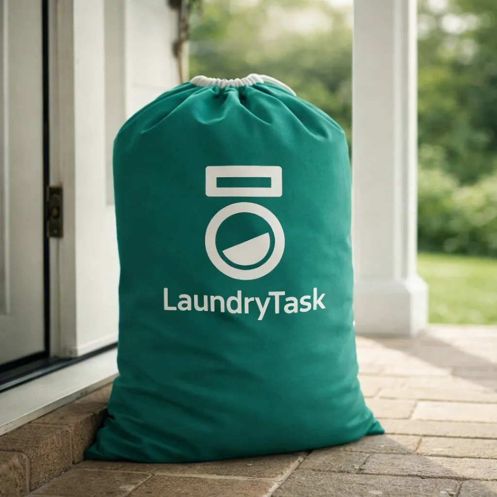 LaundryTask professional laundry pickup and delivery service bags sitting on a residential doorstep for contactless collection