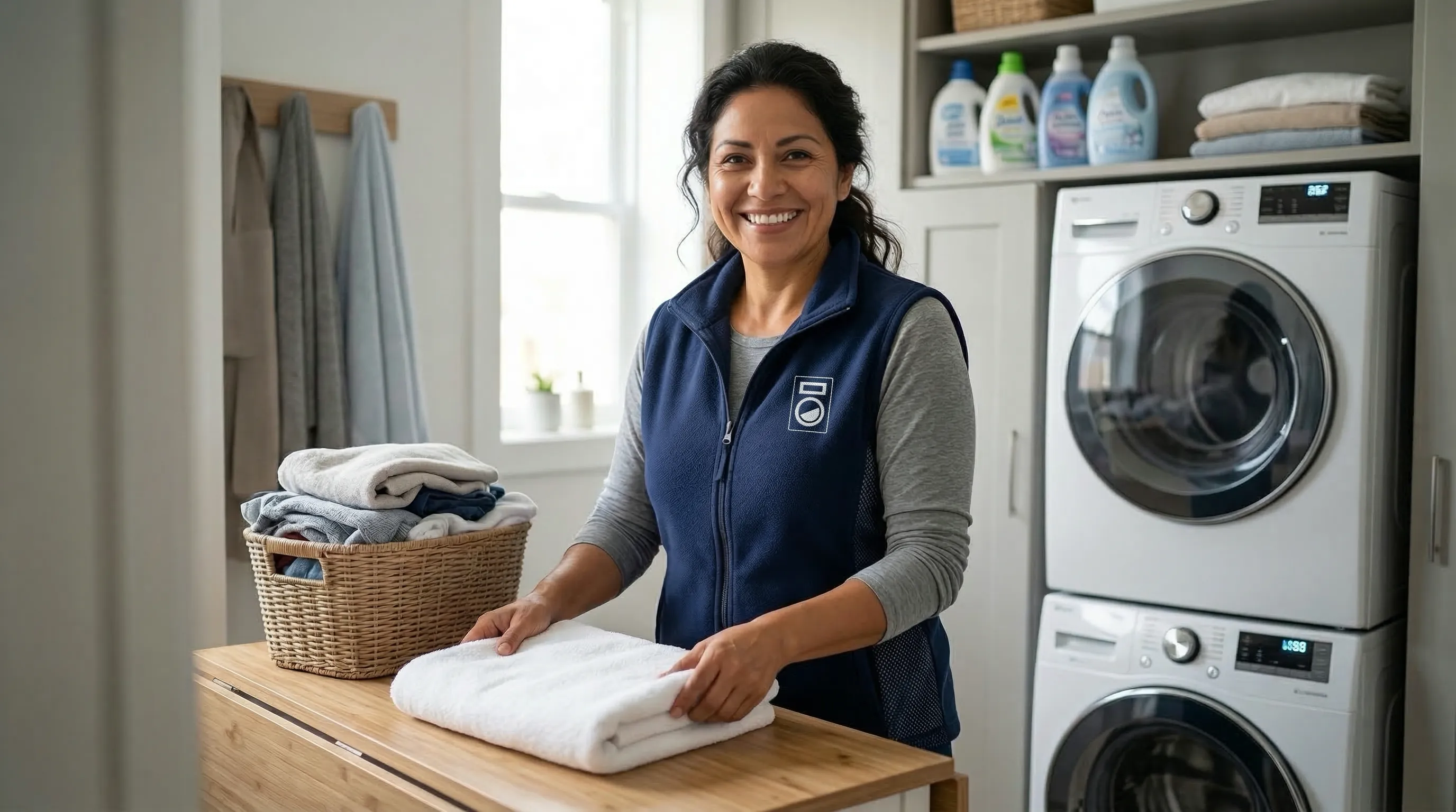 LaundryTask specialist providing premium laundry service wash fold pickup and delivery, neatly folding clean towels in a modern washing facility