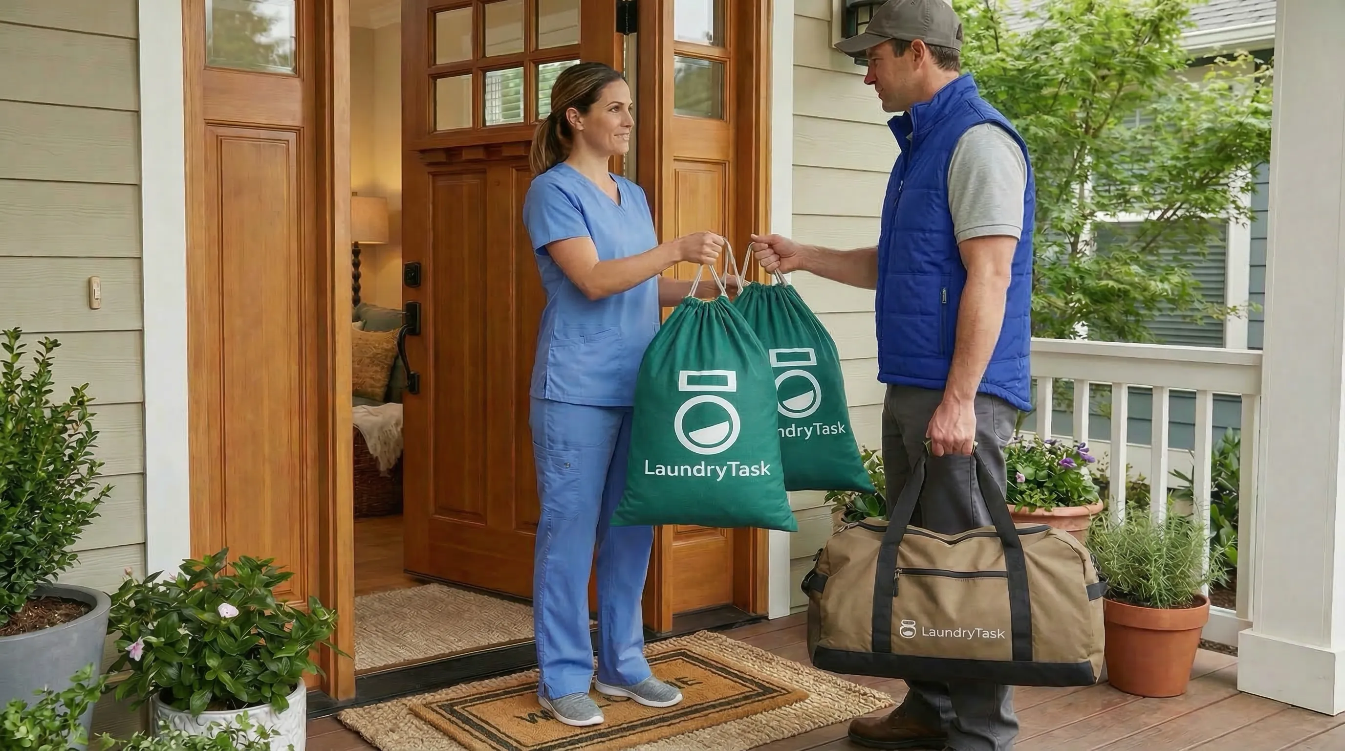 LaundryTask driver providing convenient laundry service wash fold pickup and delivery directly at a healthcare professional's doorstep